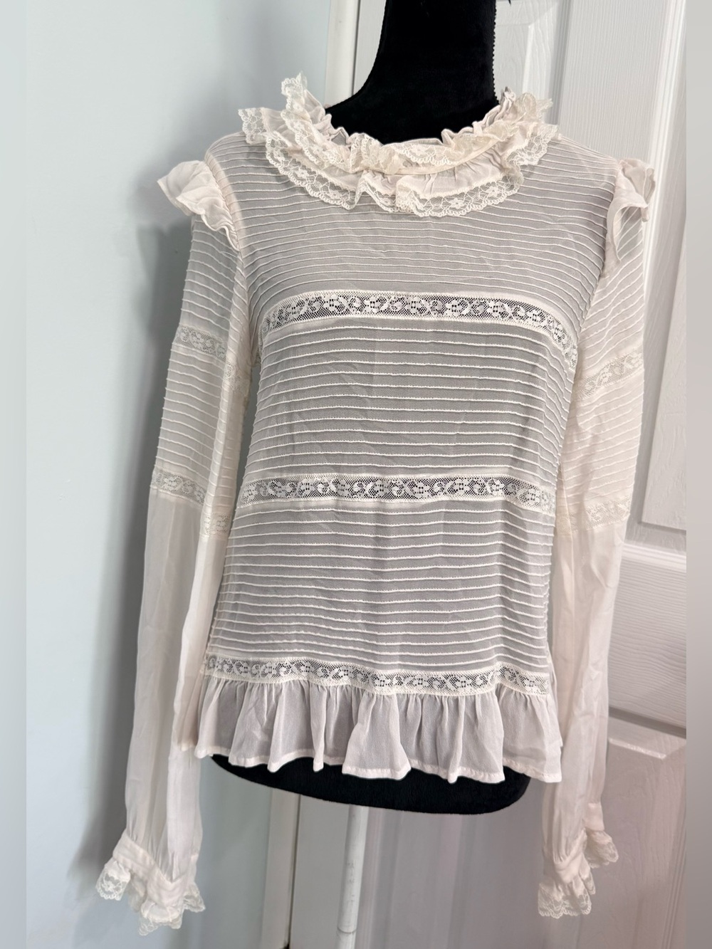 Twin-Set Ivory Sheer Lace-Trim Ruffle Neck Blouse